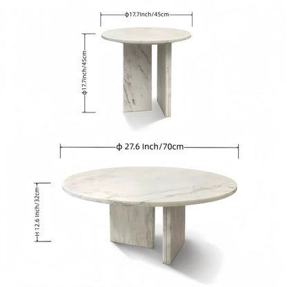 Elegant coffee duo table set in white marble finish with two round tops on marble pedestals on Tampa Home & Garden Store