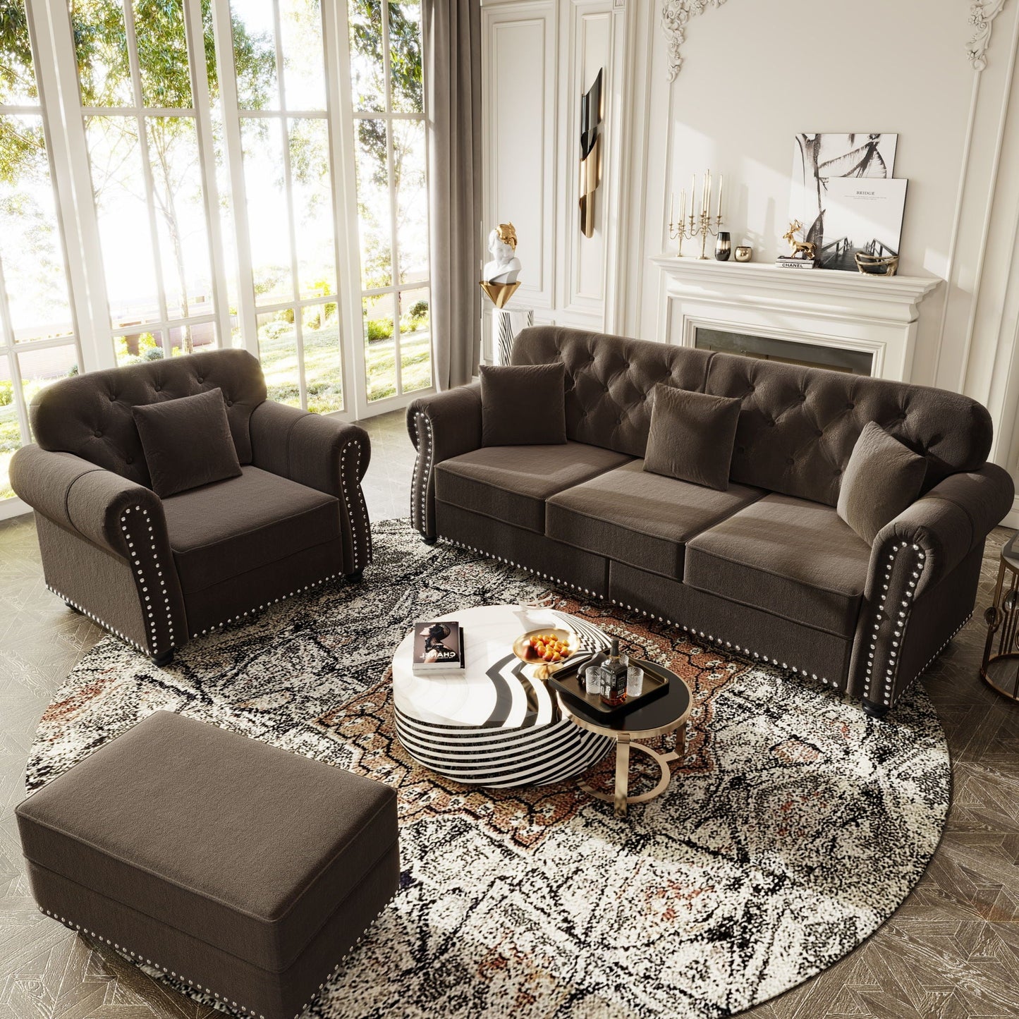 Upholstered Sofa Set with Nailhead and Pillows