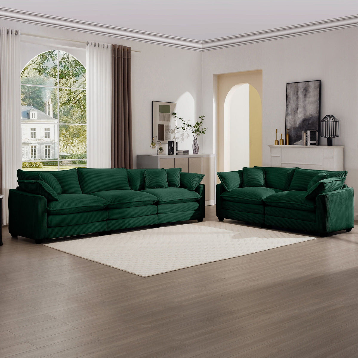 Elegant emerald green velvet sectional with deep seats and modular layout by HouseOfZazla on Tampa Home & Garden Store
