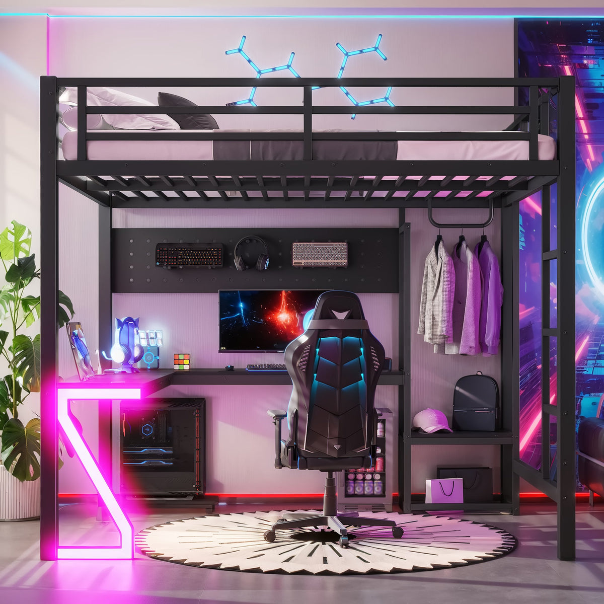 Full loft bed with L-shaped desk in black metal frame by HouseOfZazla with USB ports on Tampa Home & Garden Store