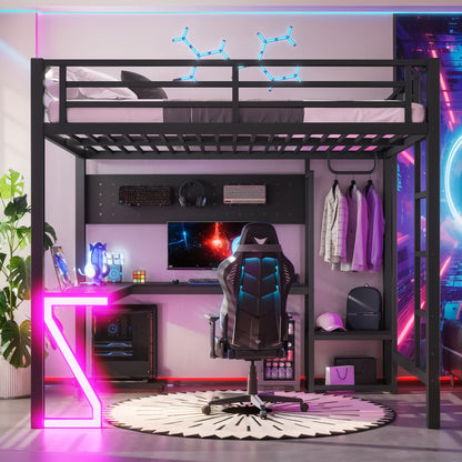 Full loft bed with L-shaped desk in black metal frame by HouseOfZazla with USB ports on Tampa Home & Garden Store