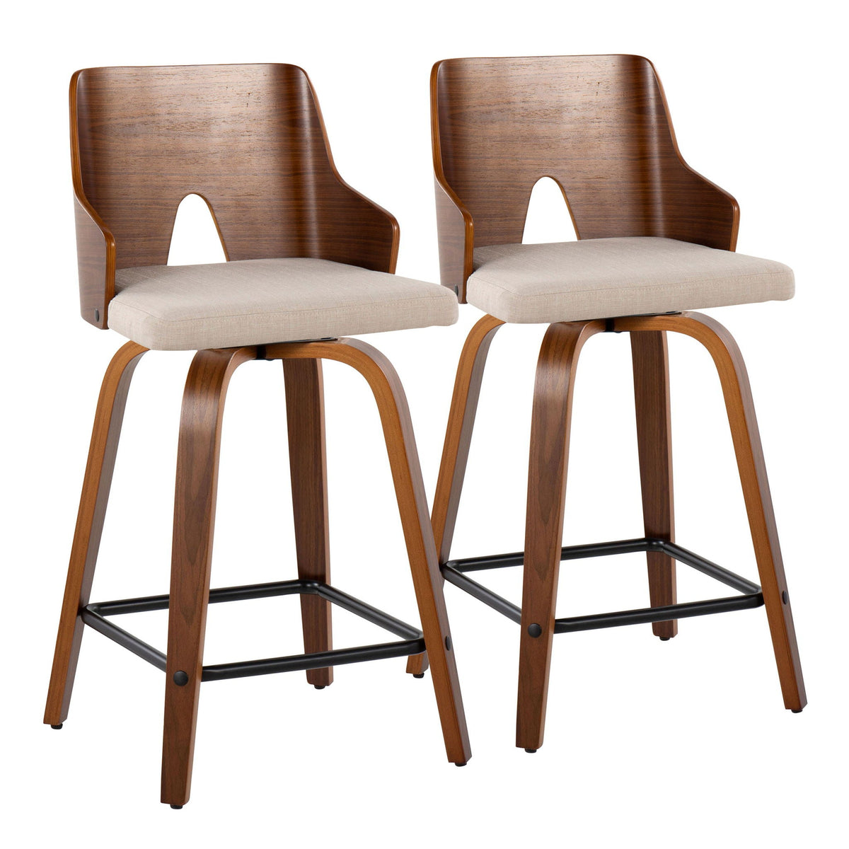 Ariana mid-century counter stools set of 2, walnut wood frames, beige seats, HouseOfZazla on Tampa Home & Garden Store