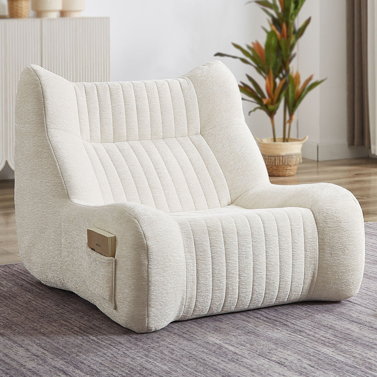 Bean bag chair for adults in white chenille memory foam, cozy reading lounge chair on Tampa Home & Garden Store