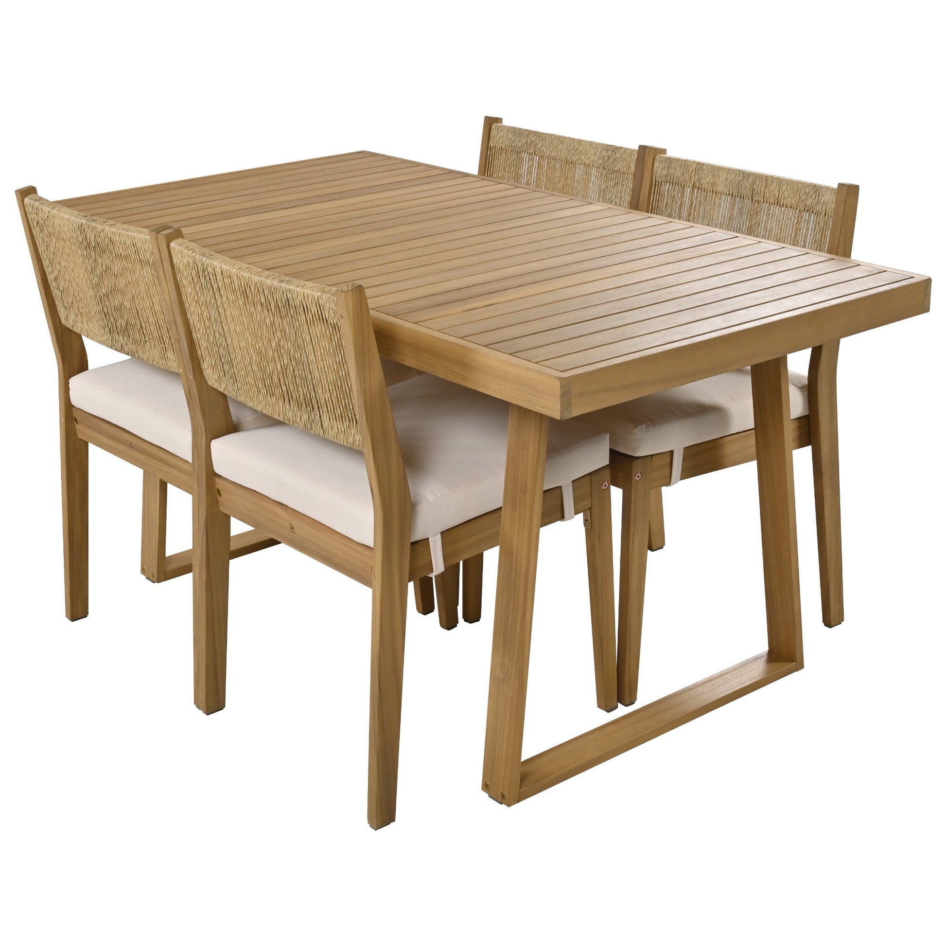 U_Style outdoor acacia wood dining table and woven-back chairs with cushions on Tampa Home & Garden Store