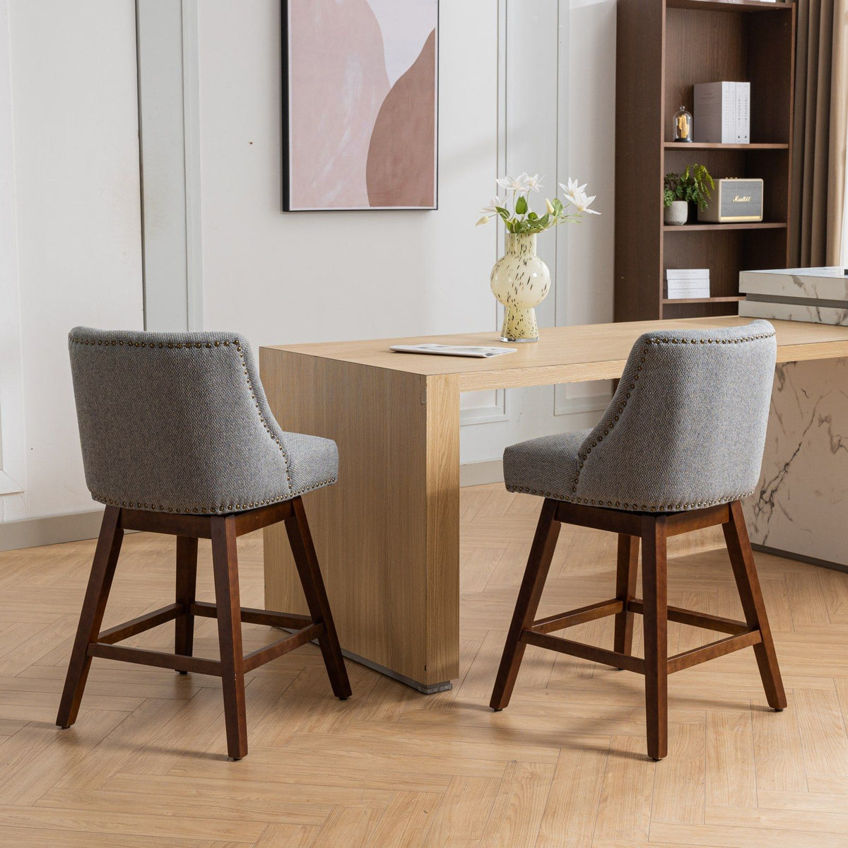 Counter Height Swivel Barstools, 2, gray fabric with dark wood legs HouseOfZazla on Tampa Home & Garden Store