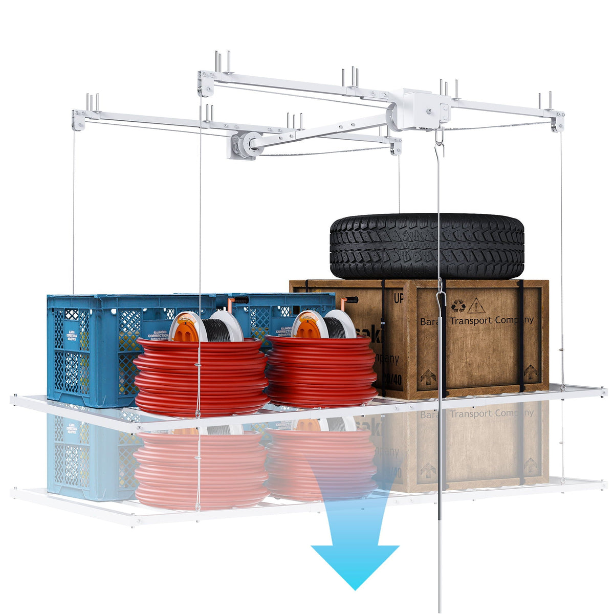 Overhead Garage Storage Rack with Crank System, white finish, HouseOfZazla wall organizer on Tampa Home & Garden Store