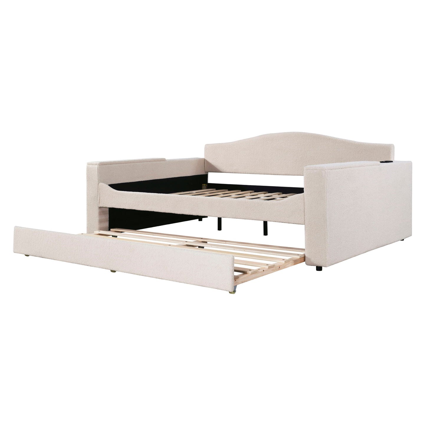 HouseOfZazla beige upholstered daybed with storage armrests and pull-out trundle on Tampa Home & Garden Store
