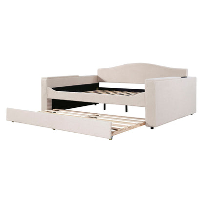 HouseOfZazla beige upholstered daybed with storage armrests and pull-out trundle on Tampa Home & Garden Store