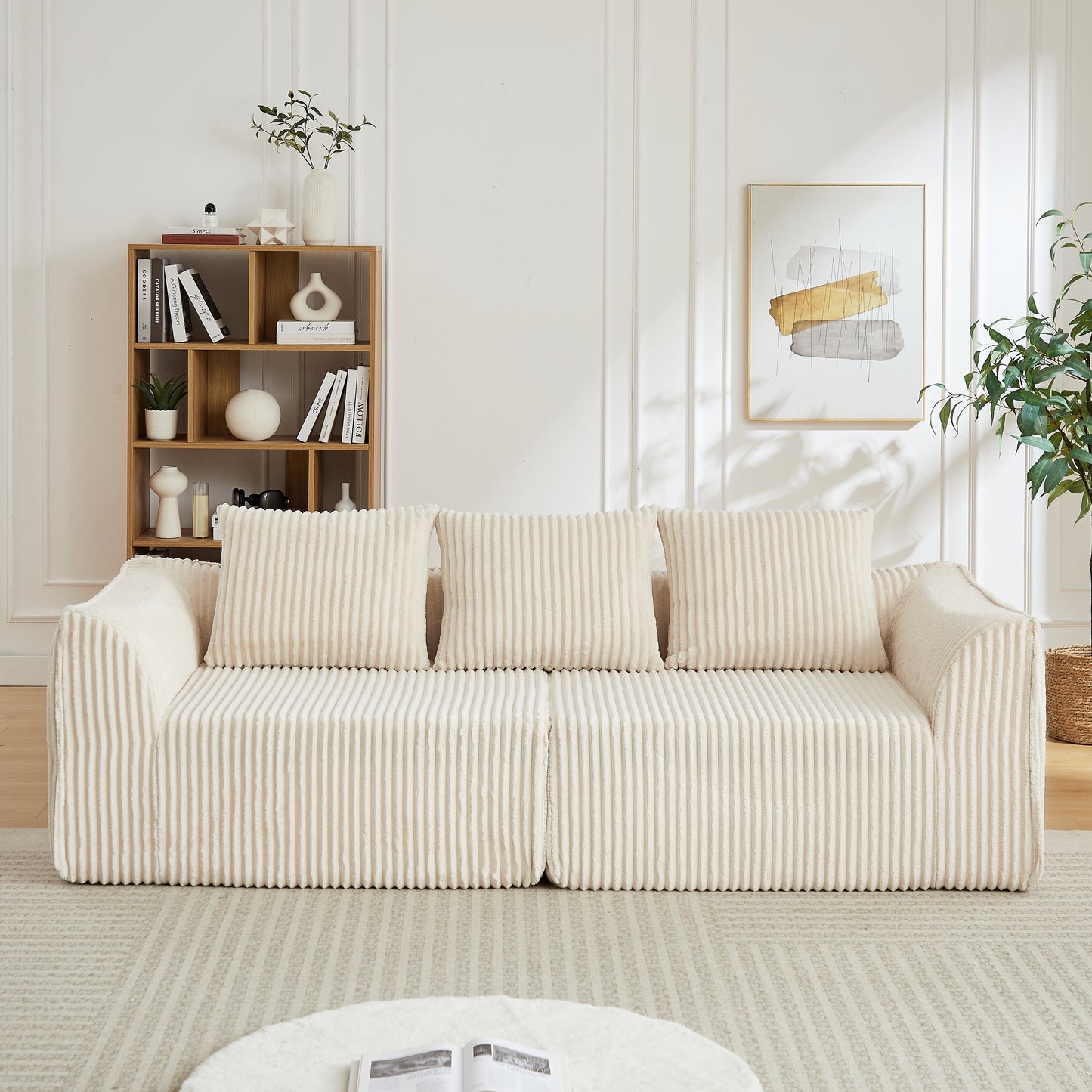 HouseOfZazla Minimalist 3-Seater Corduroy Sofa in cream ribbed upholstery on Tampa Home & Garden Store