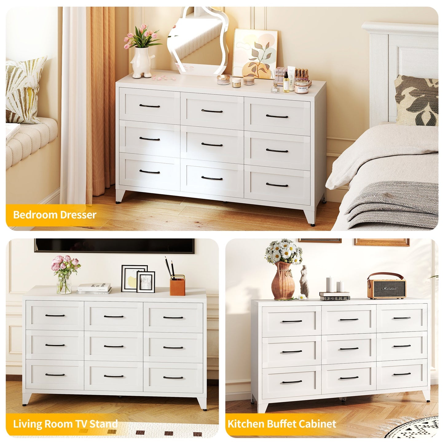 9-Drawer White Metal Dresser with quiet-glide rails and black pulls on Tampa Home & Garden Store