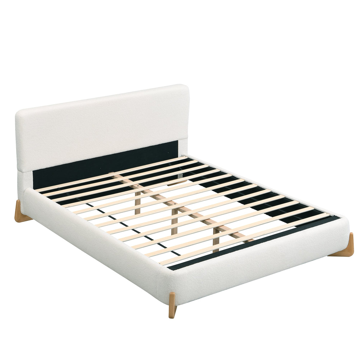 Elegant Boucle Upholstered Bed Queen by HouseOfZazla with white headboard, wood legs on Tampa Home & Garden Store