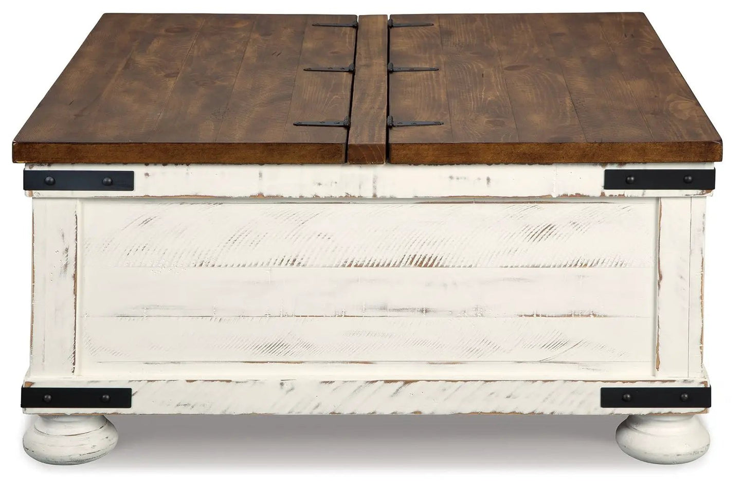 Wystfield White/Brown cocktail table with storage, rustic distressed base on Tampa Home & Garden Store