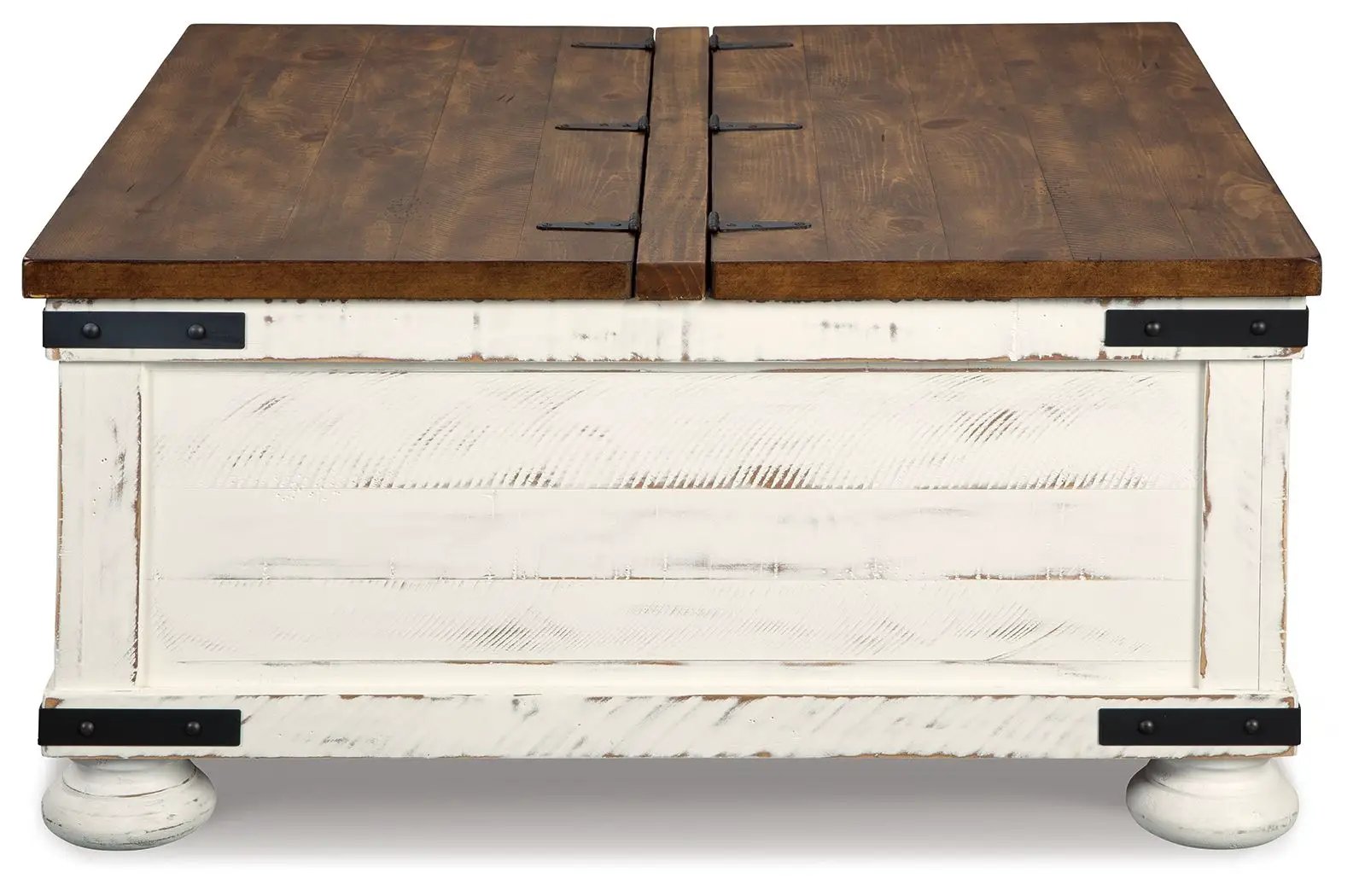 Wystfield White/Brown cocktail table with storage, rustic distressed base on Tampa Home & Garden Store