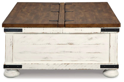 Wystfield White/Brown cocktail table with storage, rustic distressed base on Tampa Home & Garden Store