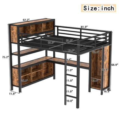 Metal loft bed with wardrobe and L-shaped desk by HouseOfZazla; black frame with wood panels on Tampa Home & Garden Store