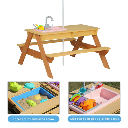 Kids cedar picnic table with pink sand/water basin, gray faucet, and colorful dishes on Tampa Home & Garden Store