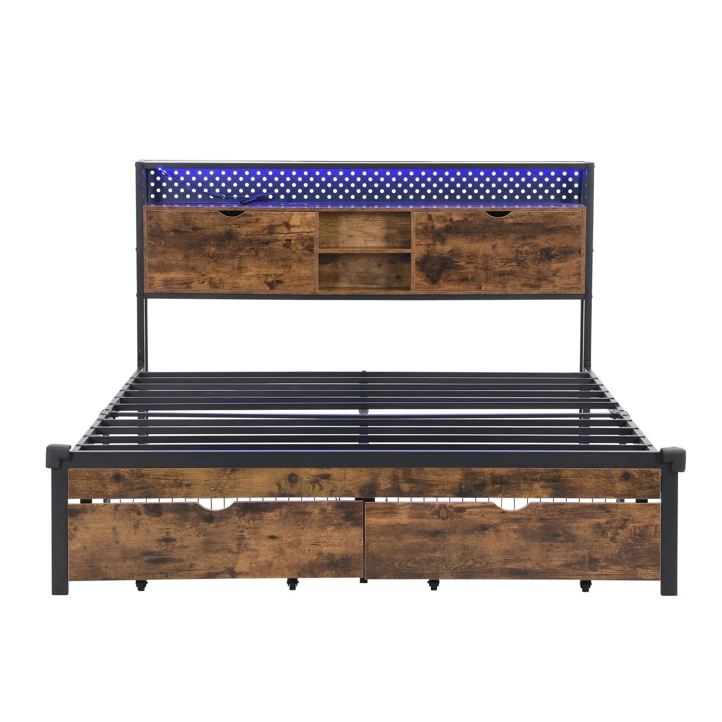Storage bed frame with metal platform, wooden headboard, USB charging dock, and drawer storage on Tampa Home & Garden Store