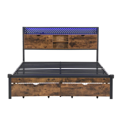 Storage bed frame with metal platform, wooden headboard, USB charging dock, and drawer storage on Tampa Home & Garden Store