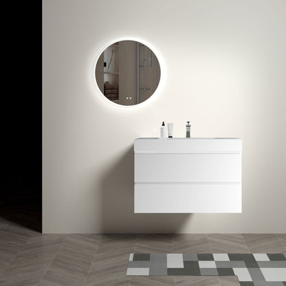 Modern floating white bathroom vanity with large storage and a round LED-backlit mirror on Tampa Home & Garden Store