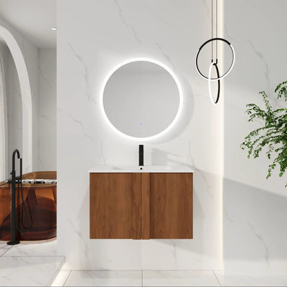 Floating bathroom vanity with sink, wood veneer cabinet, white countertop, backlit round mirror on Tampa Home & Garden Store