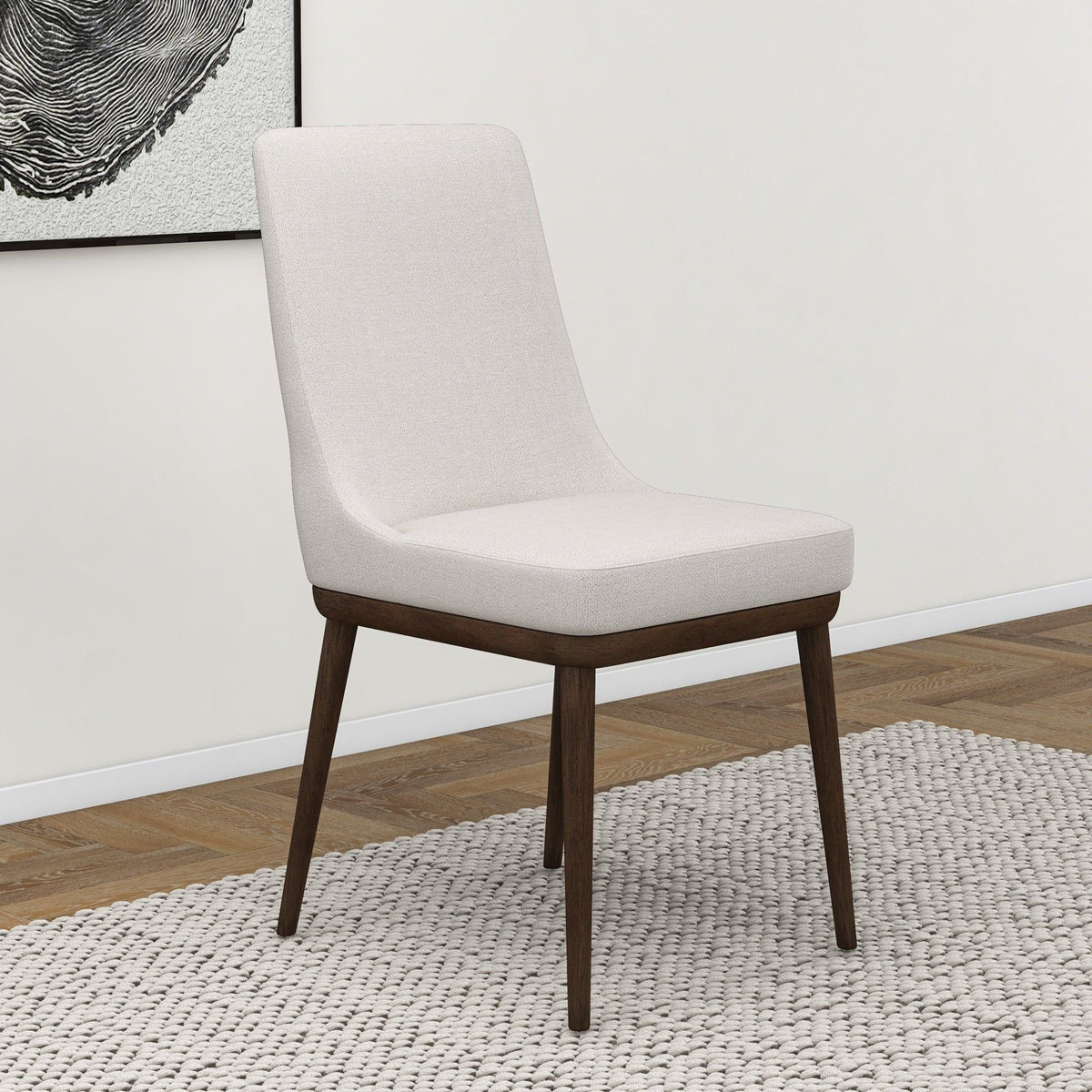 Mid-Century Modern dining chair set of 2 with beige fabric upholstery and solid wood frame on Tampa Home & Garden Store