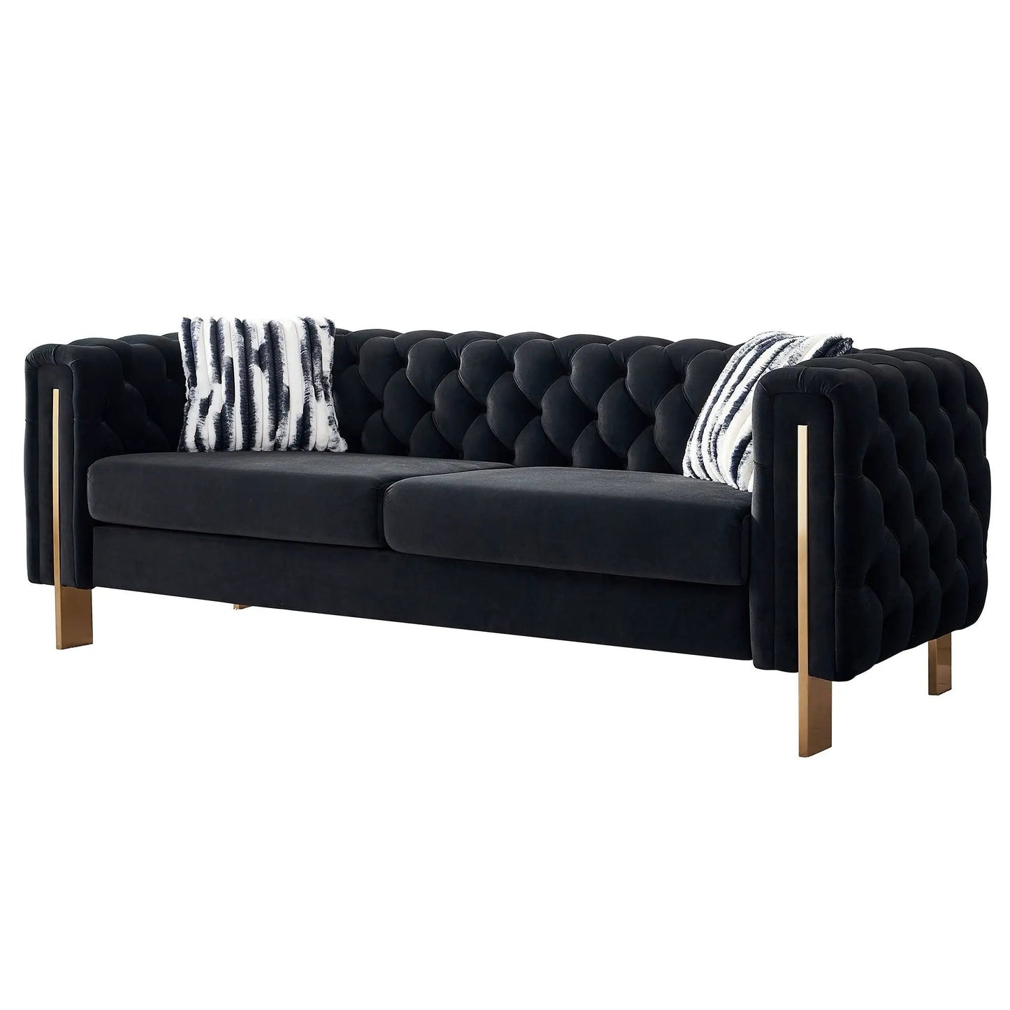 Chesterfield modern tufted sofa 84.25''W by Unique Piece Furniture, black fabric, gold legs on Tampa Home & Garden Store