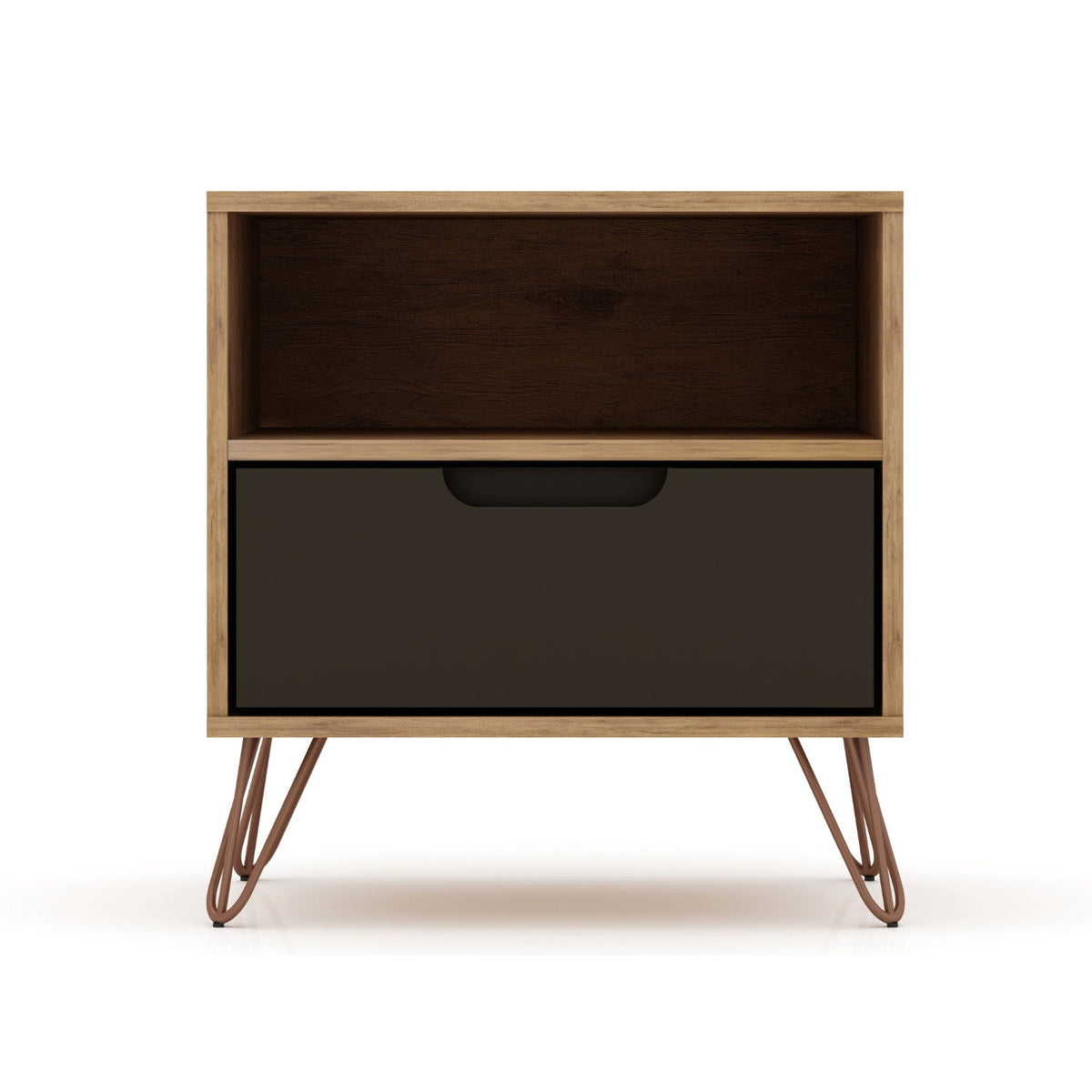 Rockefeller Nightstand with 1 drawer, natural wood frame, dark front and splayed legs on Tampa Home & Garden Store