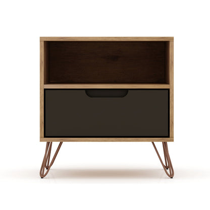 Rockefeller Nightstand with 1 drawer, natural wood frame, dark front and splayed legs on Tampa Home & Garden Store