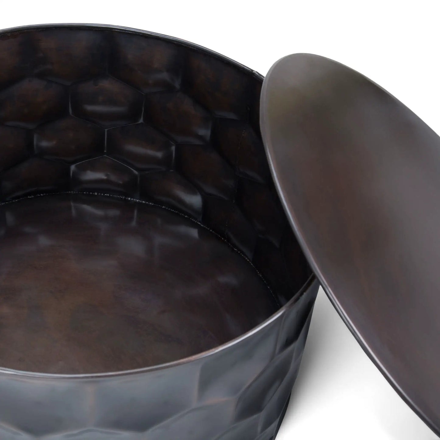 Whitney Handcrafted Metal Storage Table dark bronze interior with honeycomb panels on Tampa Home & Garden Store