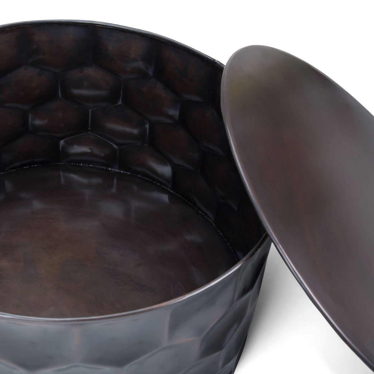 Handcrafted metal storage coffee table with removable top, dark bronze interior hexagon panels on Tampa Home & Garden Store