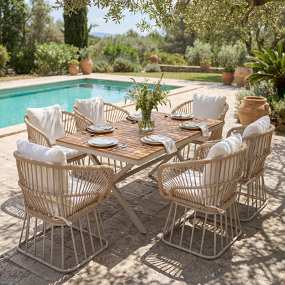 Outdoor 7-Piece Dining Set with rectangular teak table and six wicker chairs by HouseOfZazla on Tampa Home & Garden Store