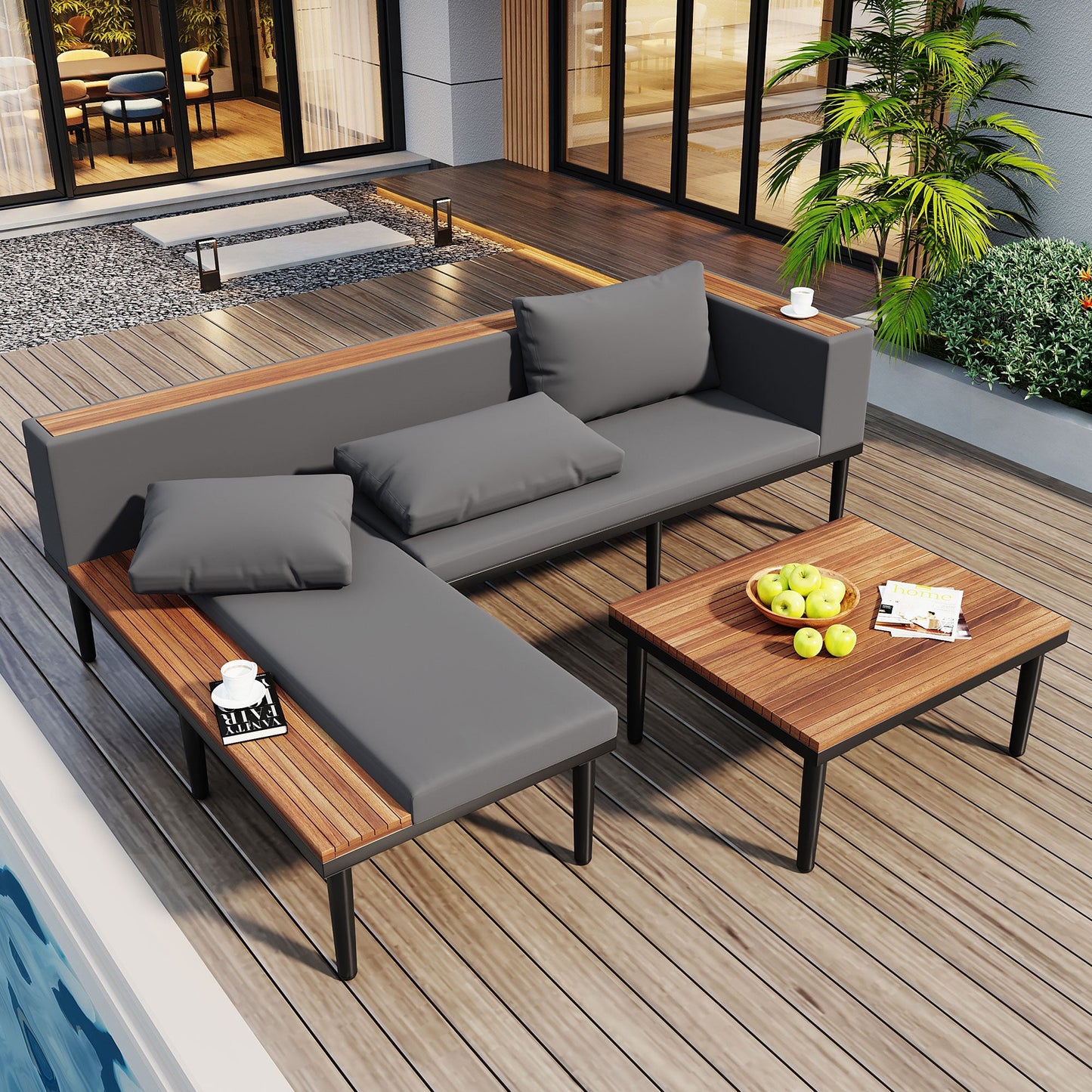 L Shaped Acacia Wood Outdoor Patio Sofa and Table