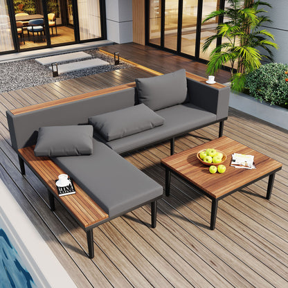 L Shaped Acacia Wood Outdoor Patio Sofa and Table