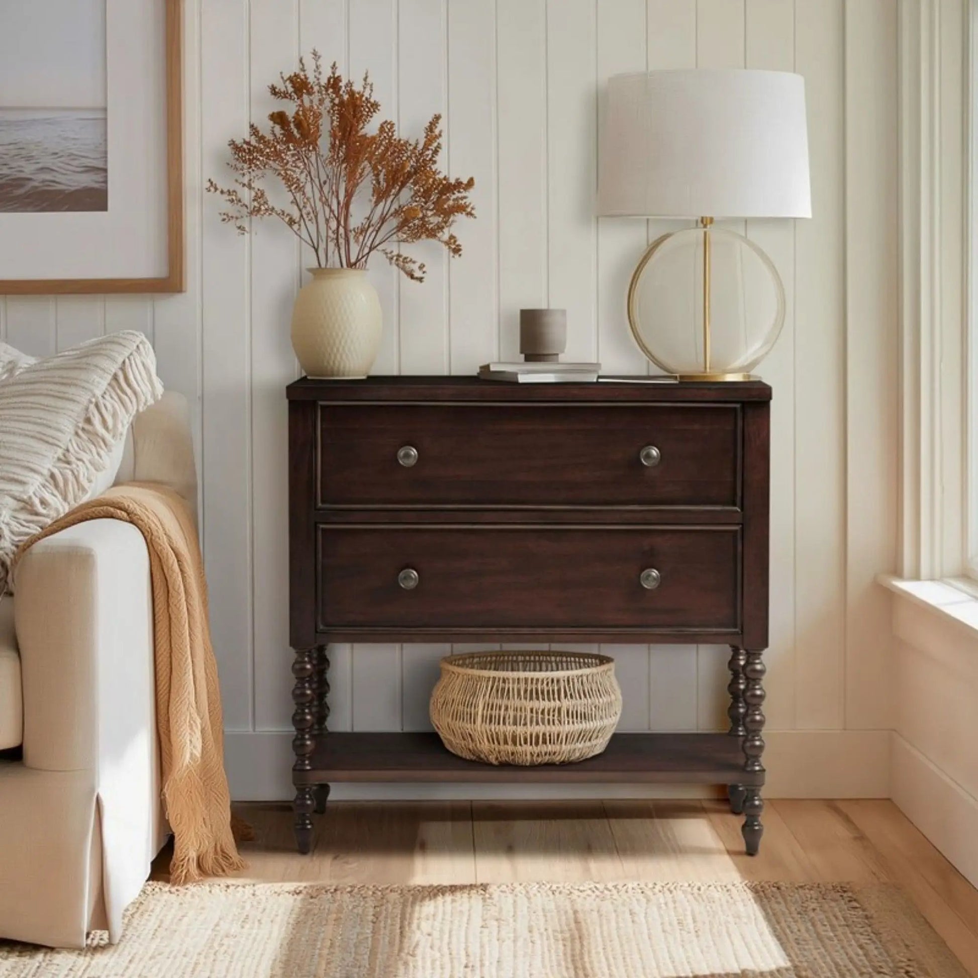 Signature Beckett 2-Drawer Accent Chest by Unique Piece Furniture dark wood with brass pulls on Tampa Home & Garden Store
