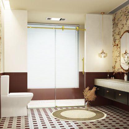 Frameless single sliding shower doors by HouseOfZazla with gold hardware in bathroom on Tampa Home & Garden Store