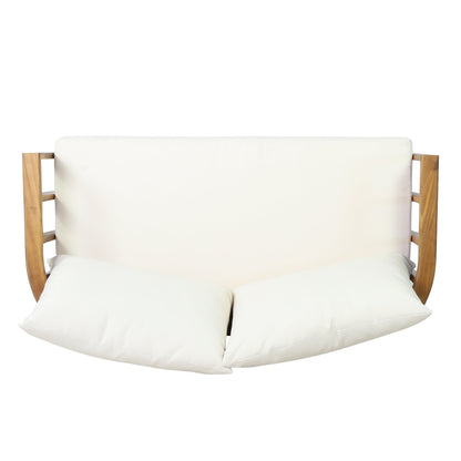 Outdoor acacia wood loveseat with white cushions by HouseOfZazla on Tampa Home & Garden Store