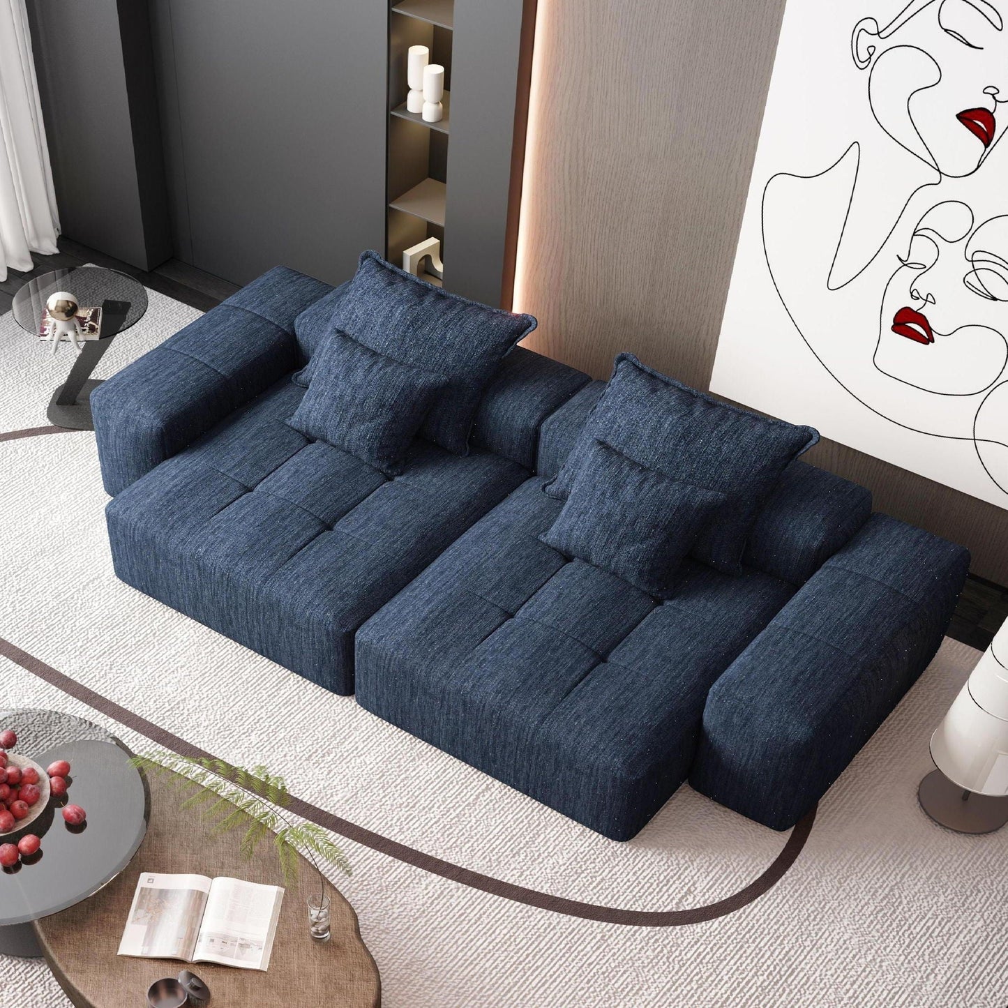 Modern oversized DIY modular stationary sectional sofa in deep blue fabric with pillows on Tampa Home & Garden Store