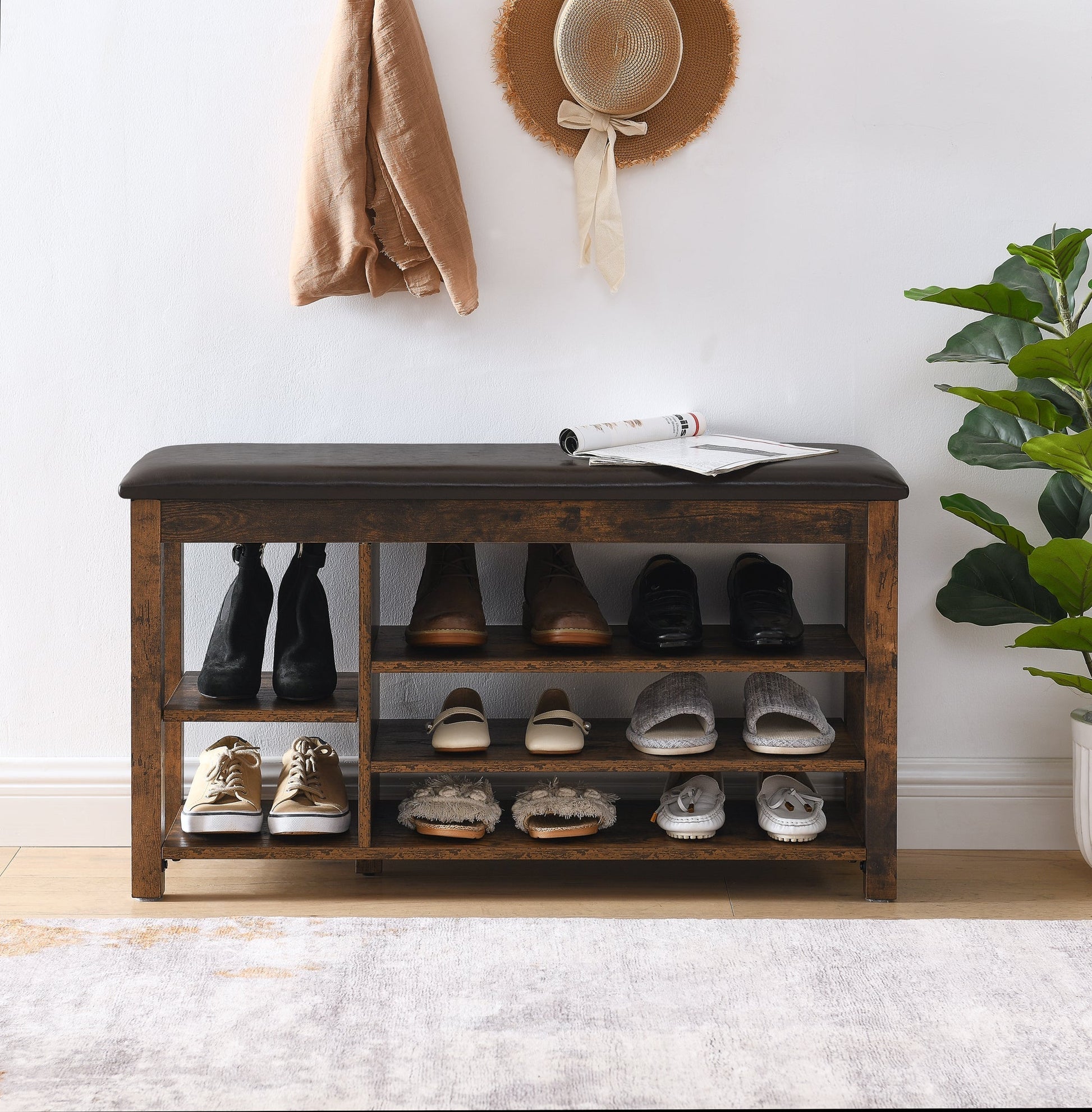 Height-Adjustable Shoe-Changing Bench in dark wood with leather top and shoe storage HouseOfZazla on Tampa Home & Garden Store