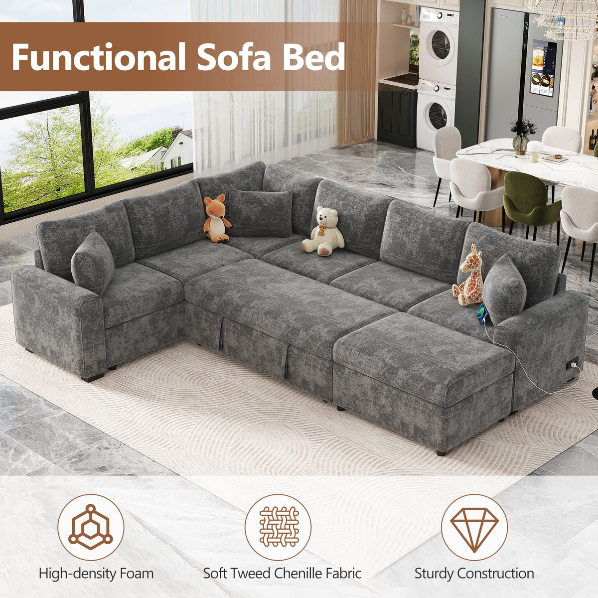 Sleeper sectional sofa with pull-out bed and storage ottoman in gray chenille fabric, 3 pillows on Tampa Home & Garden Store