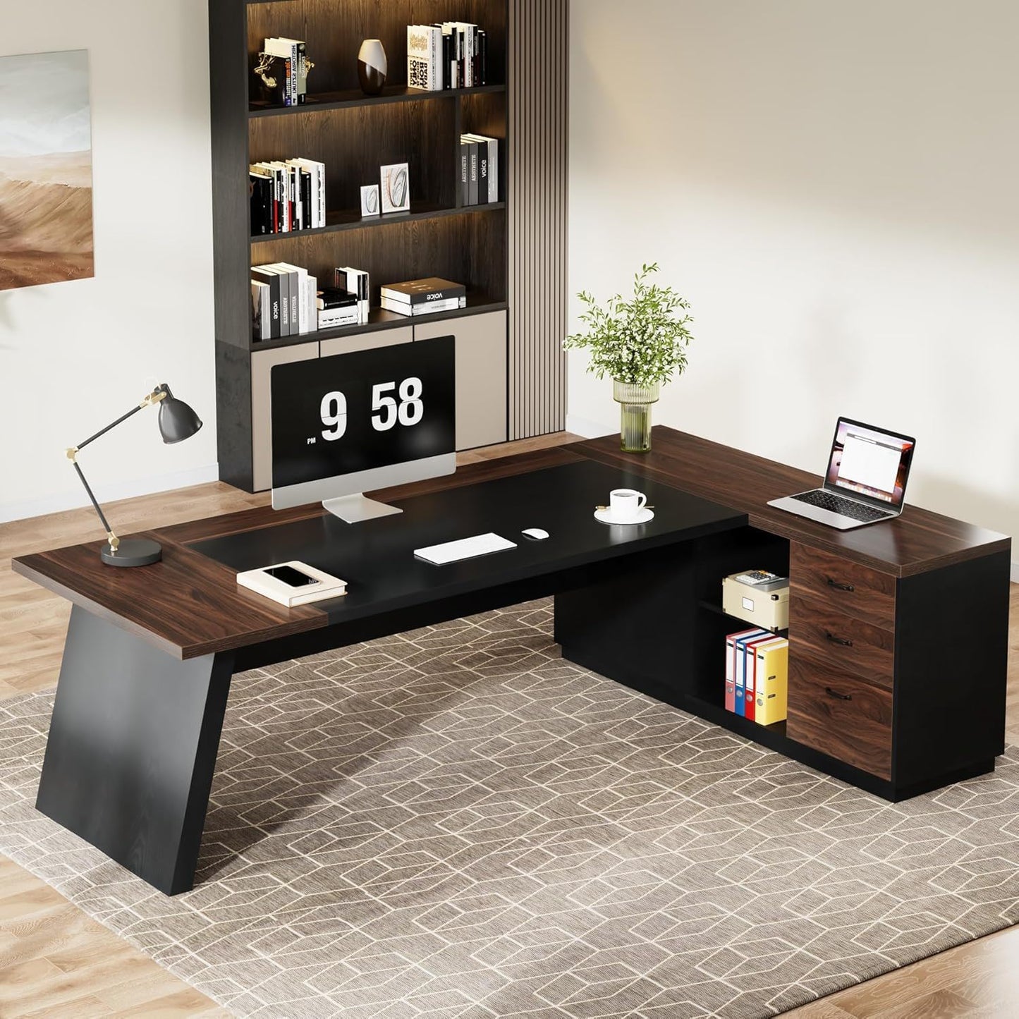 L-shaped executive desk with file cabinet & drawers, dark wood top, black base by HouseOfZazla on Tampa Home & Garden Store