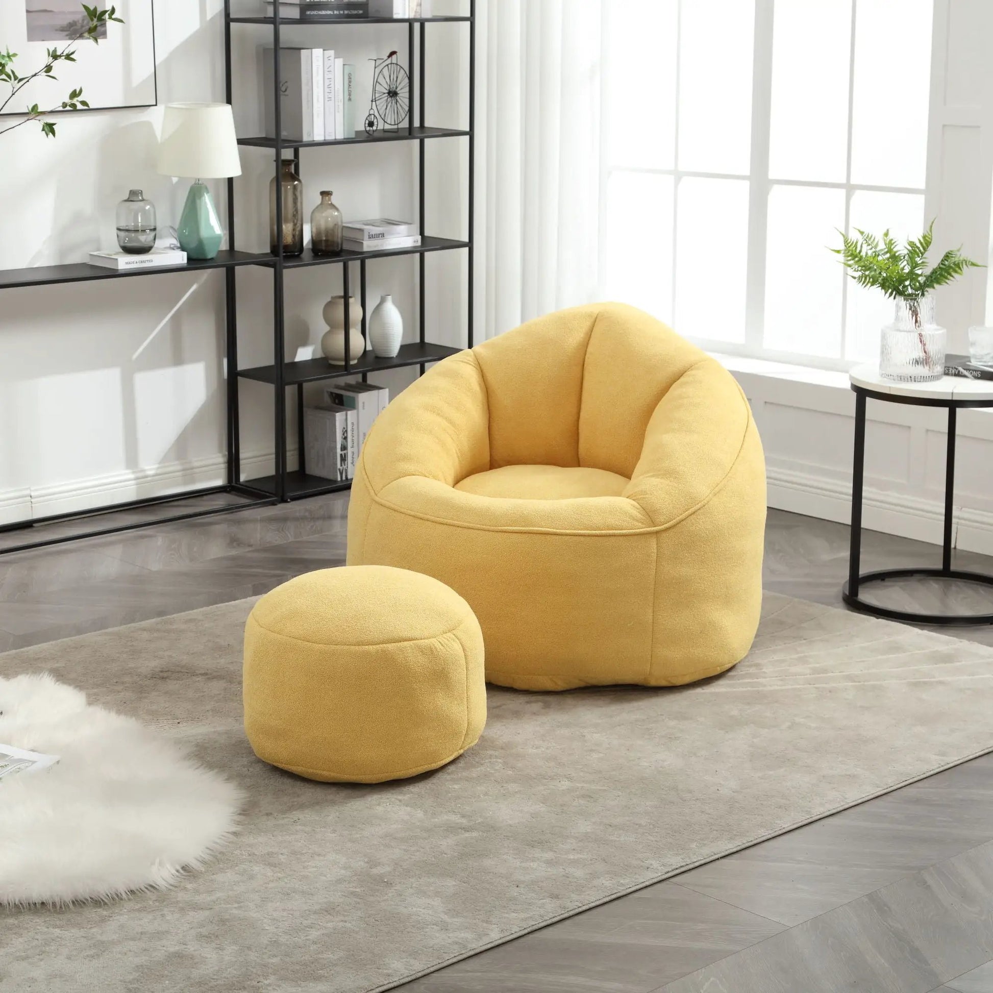 Bean Bag Sofa Chair with Footrest, 1 chair + 1 ottoman, yellow fabric, high pressure foam on Tampa Home & Garden Store