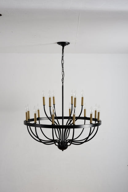 15-Light industrial iron chandelier with black frame and brass candle sleeves on Tampa Home & Garden Store