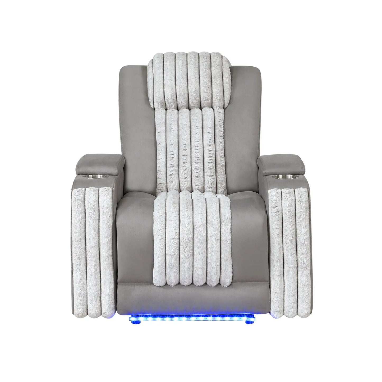 Duran power recliner with power headrest in grey upholstery, white plush bolster strips, cup holders, blue LED base on Tampa Home & Garden Store