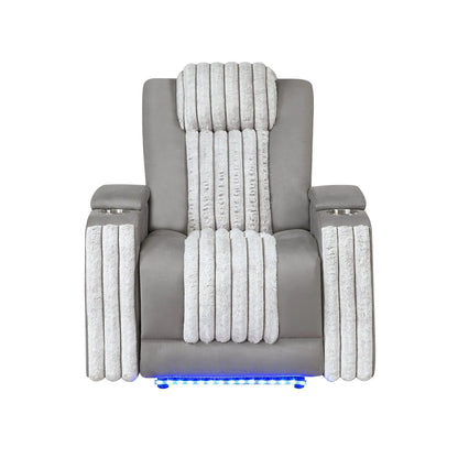 Duran power recliner with power headrest in grey upholstery, white plush bolster strips, cup holders, blue LED base on Tampa Home & Garden Store