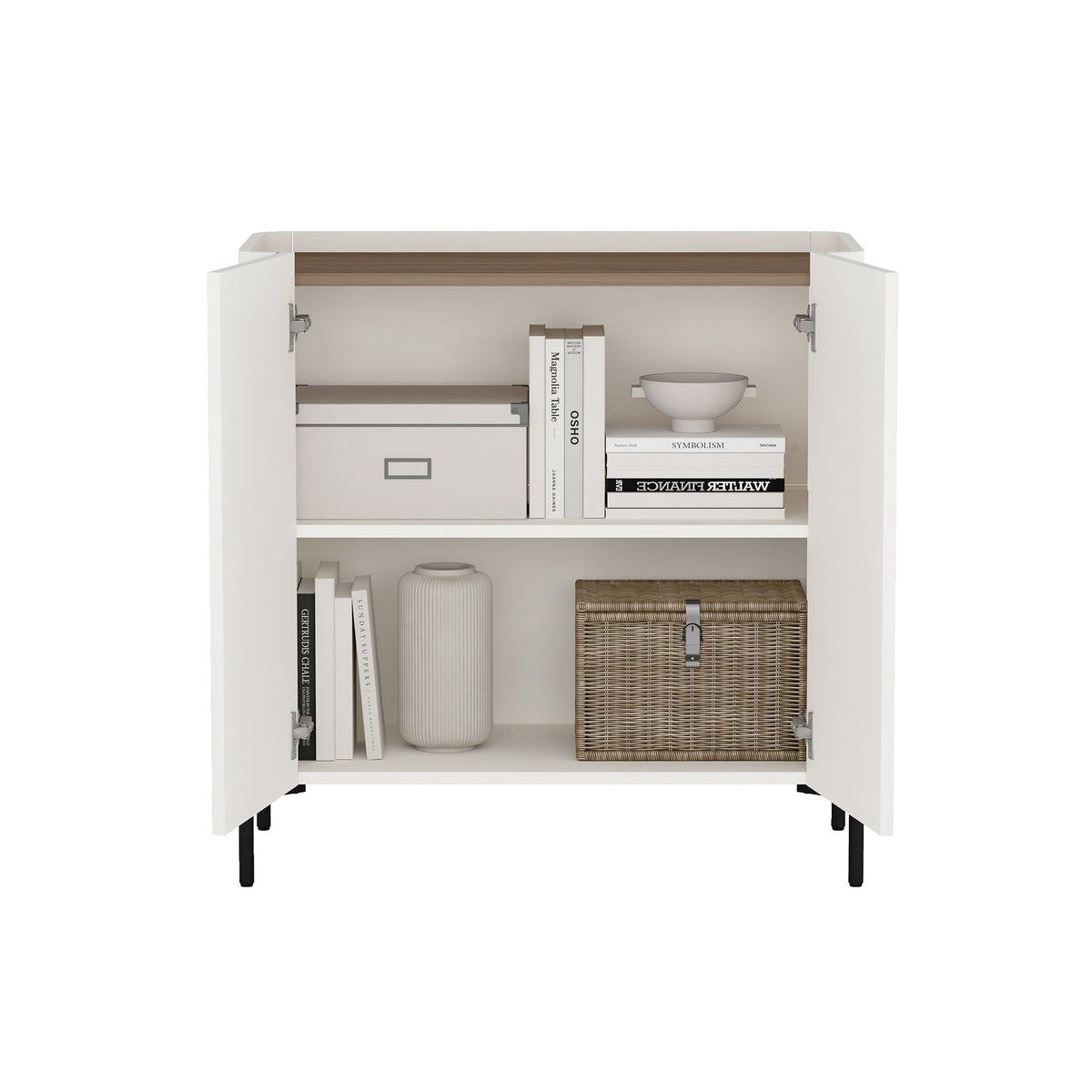 Abbey Accent Cabinet white rounded edges with interior shelves and soft-close doors on Tampa Home & Garden Store