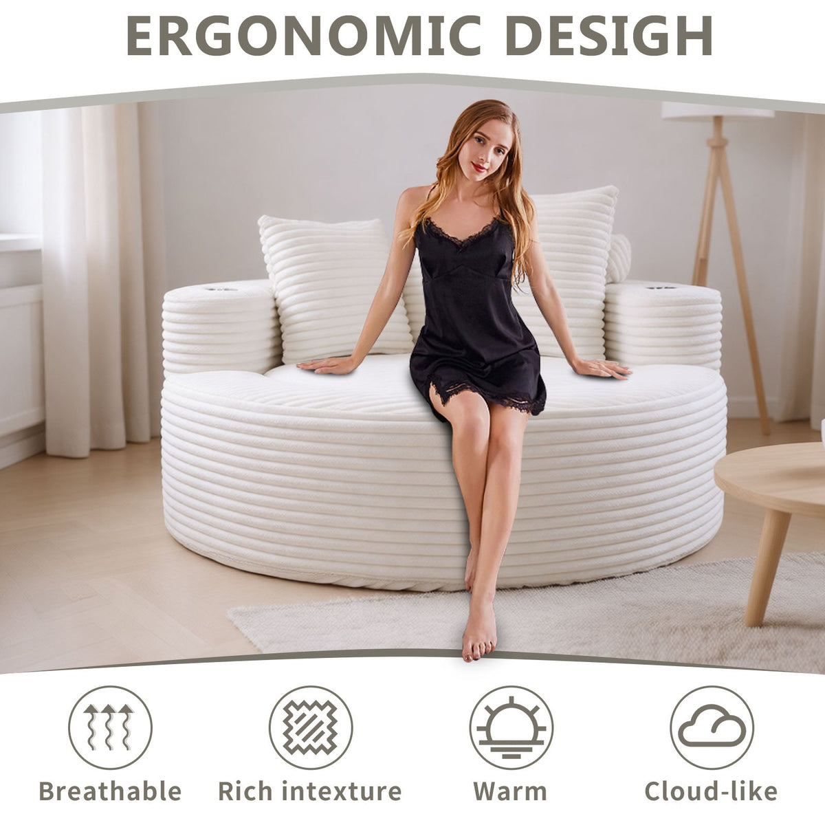Round memory foam sofa bed by HouseOfZazla in white circular sectional with pleated texture on Tampa Home & Garden Store