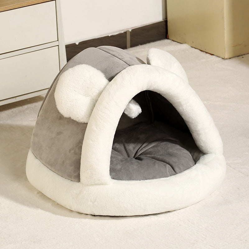 Pet tent cave bed for cats and small dogs plush grey and white dome with arch entrance and soft cushion on Tampa Home & Garden Store