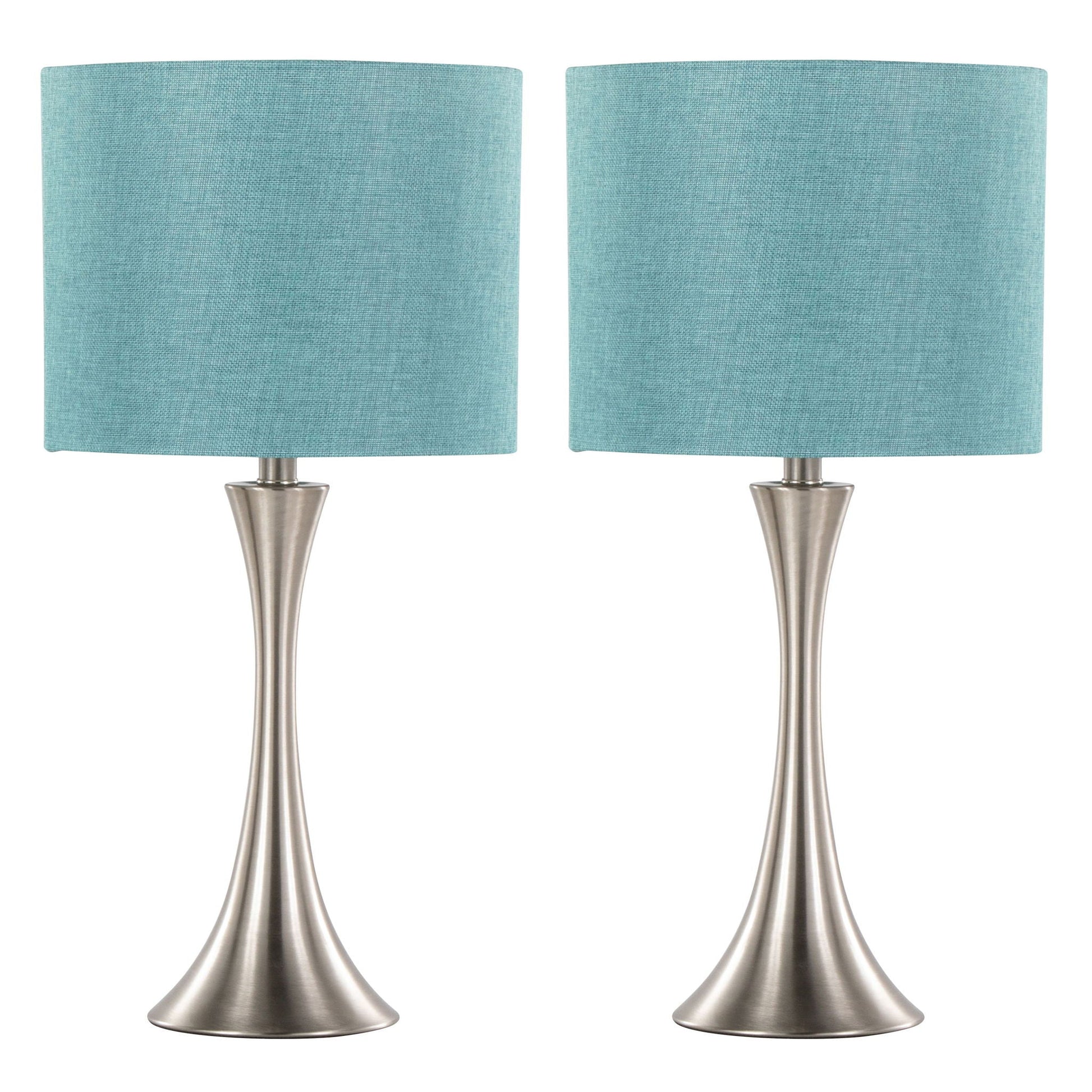 Lenuxe Contemporary Table Lamps Set of 2 with turquoise fabric shades and brushed nickel bases on Tampa Home & Garden Store