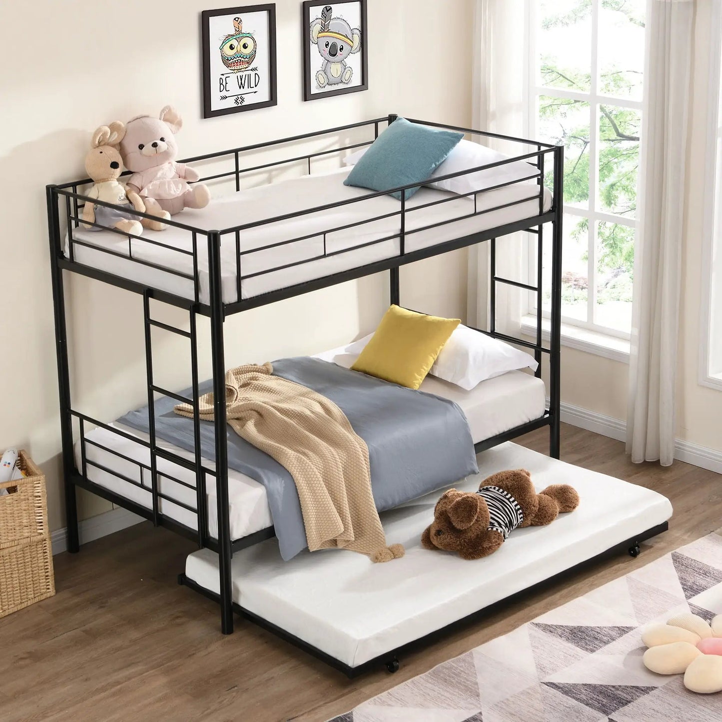 Black metal bunk bed with trundle, two bunks, blue bedding by Unique Piece Furniture on Tampa Home & Garden Store