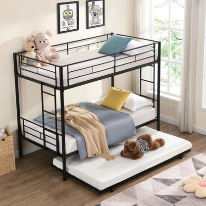 Black metal bunk bed with trundle, two bunks, blue bedding by Unique Piece Furniture on Tampa Home & Garden Store